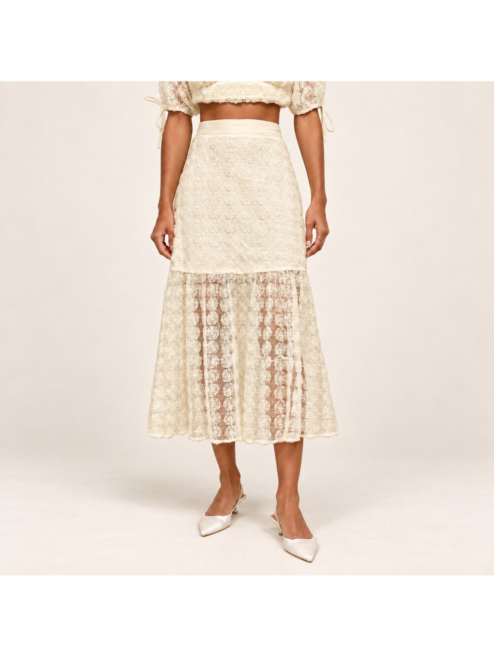 NWT Lulus Ideal Adoration Cream Rosette Swiss Dot Midi Skirt Size Large